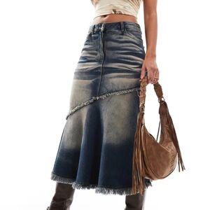 ASOS COLLUSION fishtail denim midi skirt with seam detail and pink wash